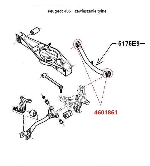 Peugeot 406 - Poliuretanowa tuleja wahacza tylnego, górnego, wewnętrzna i zewnętrzna