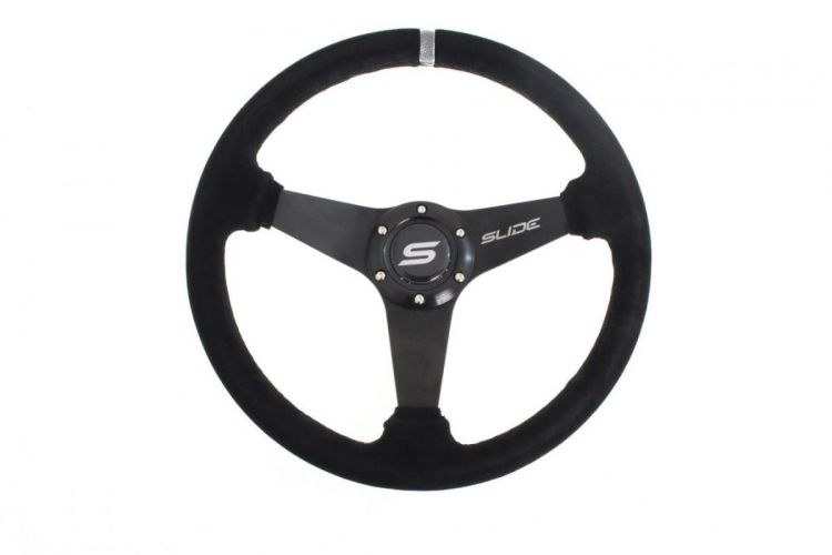 Slide Suede Steering Wheel Silver 350mm - Zamszowa kierownica sportowa z odsadzeniem 20mm srebrny pasek pp-kr-055