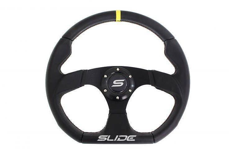 Slide Leather Steering Wheel Yellow 350mm - Skórzana kierownica sportowa z odsadzeniem 25mm czarna