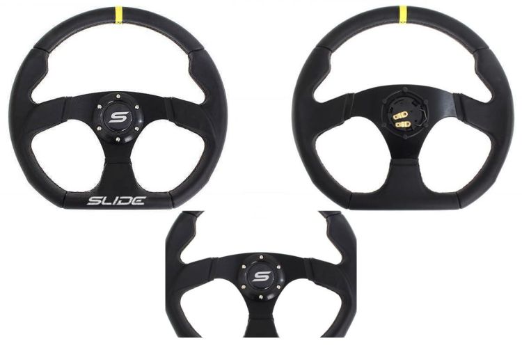 Slide Leather Steering Wheel Yellow 350mm - Skórzana kierownica sportowa z odsadzeniem 25mm czarna