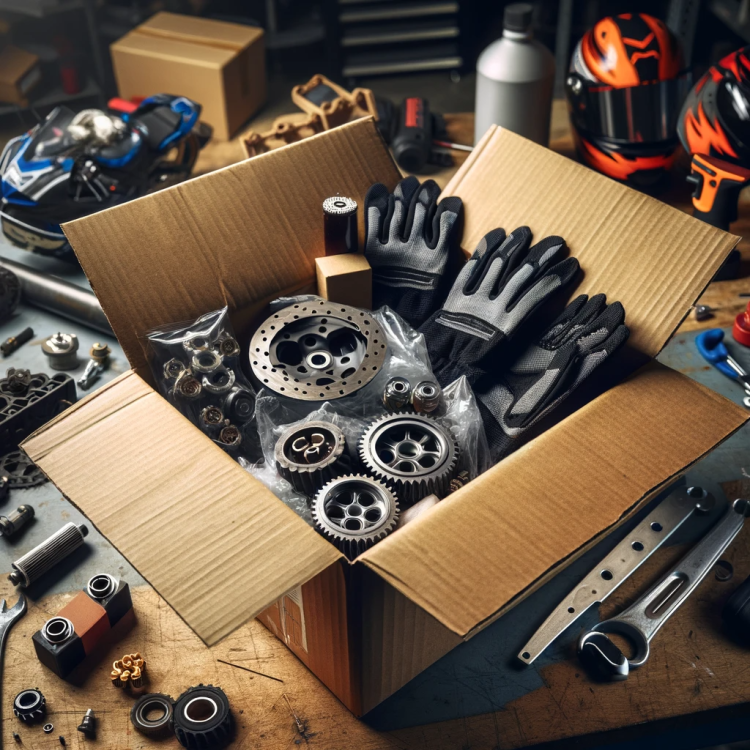 DALL·E 2023-12-22 12.44.00 - A parcel box opened, revealing various motorsport parts inside, such as gears, brake pads, racing gloves, and small engine components. The box is on a.png