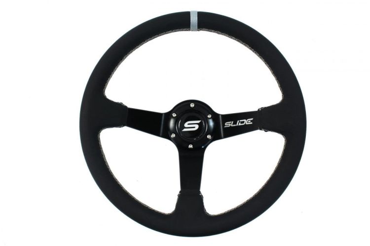 Slide Leather Steering Wheel Silver Strip 350mm - Skórzana kierownica z odsadzeniem