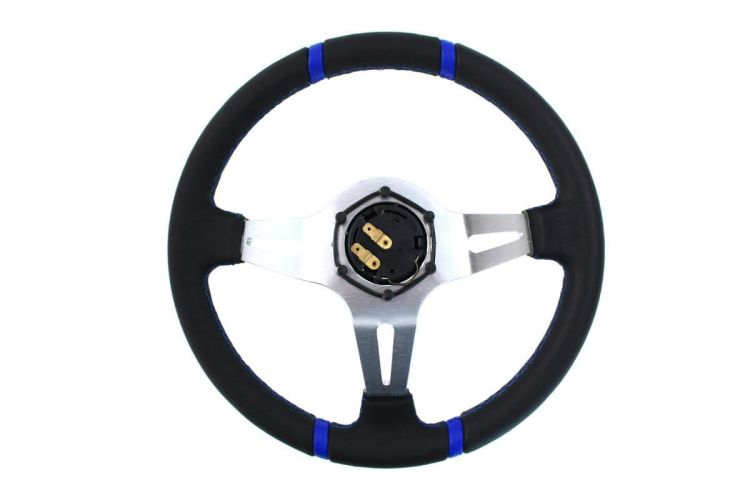Slide Suede Steering Wheel Silver-Blue 350mm - Zamszowa kierownica sportowa Slide z odsadzeniem pp-kr-048