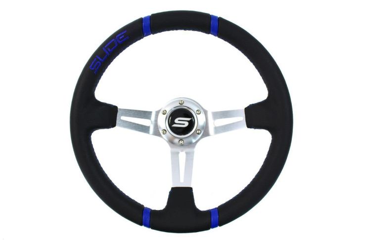 Slide Suede Steering Wheel Silver-Blue 350mm - Zamszowa kierownica sportowa Slide z odsadzeniem pp-kr-048