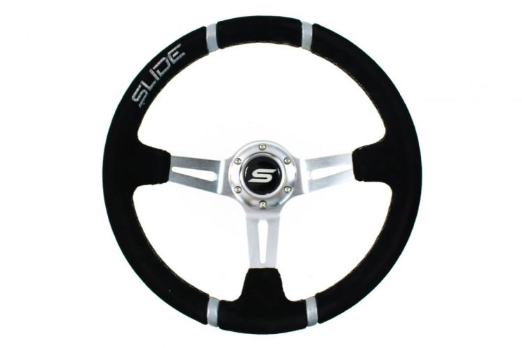 Slide Suede Steering Wheel Silver 350mm - Zamszowa kierownica sportowa Slide z odsadzeniem