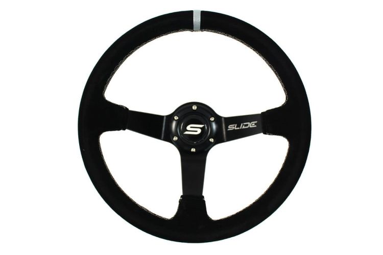 Slide Suede Steering Wheel Silver Strip 350mm - Zamszowa kierownica sportowa Slide z odsadzeniem