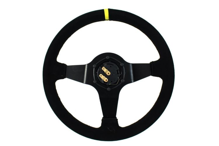 Slide Suede Steering Wheel Yellow Strip 350mm - Zamszowa kierownica sportowa Slide z odsadzeniem