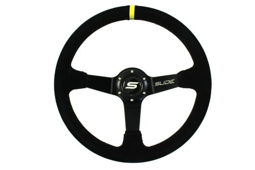 Slide Suede Steering Wheel Yellow Strip 350mm - Zamszowa kierownica sportowa Slide z odsadzeniem