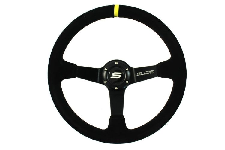 Slide Suede Steering Wheel Yellow Strip 350mm - Zamszowa kierownica sportowa Slide z odsadzeniem