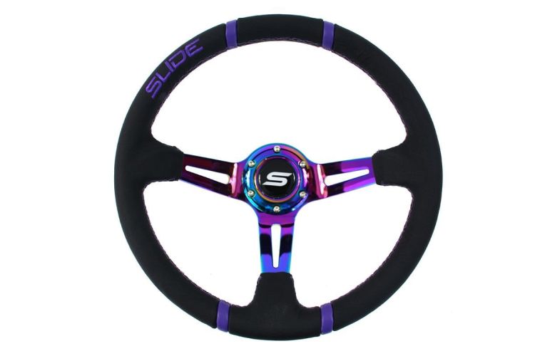 Slide Leather Steering Wheel Neo-Chrome 350mm - Skórzana kierownica sportowa z odsadzeniem neochrom pp-kr-043