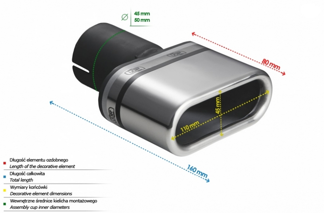 Pojedyncza końcówka wydechu ULTER N1-34-1 110x45 / długość 80 mm